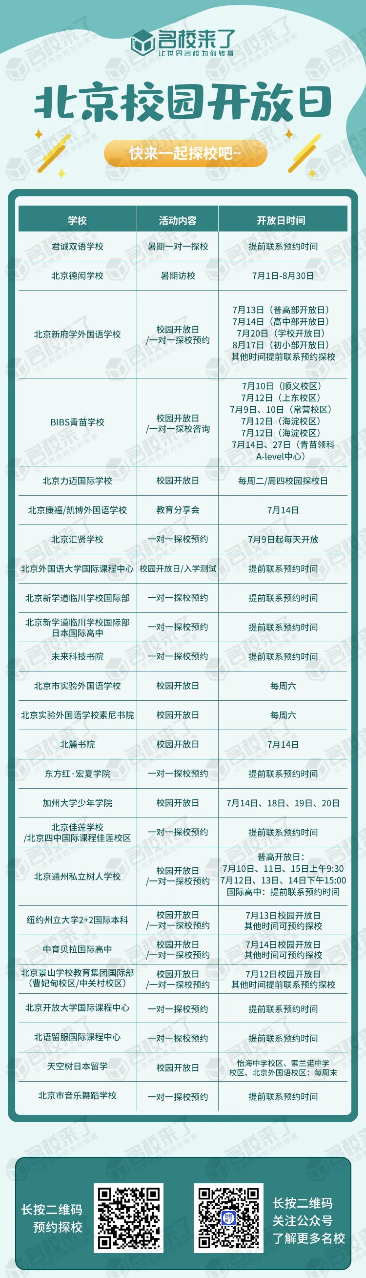 北京国际化学校暑期开放日信息