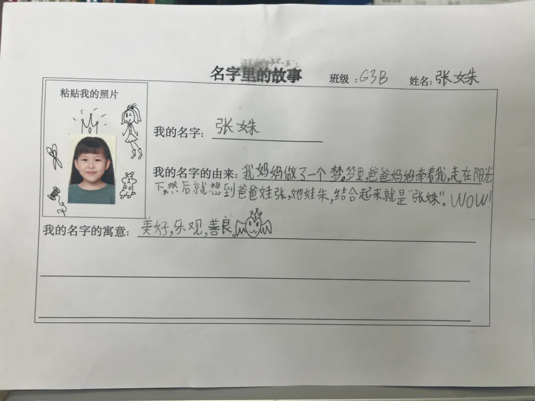 在美术课上,孩子们根据自己名字的含义,设计了独特的名字艺术作品。(图 4)