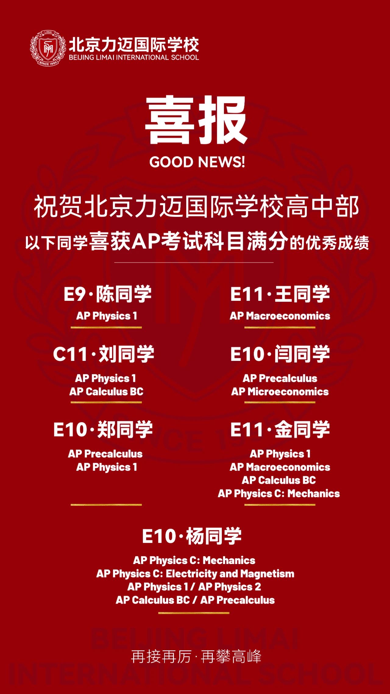 恭喜以下同学喜获AP科目考试满分优秀成绩!