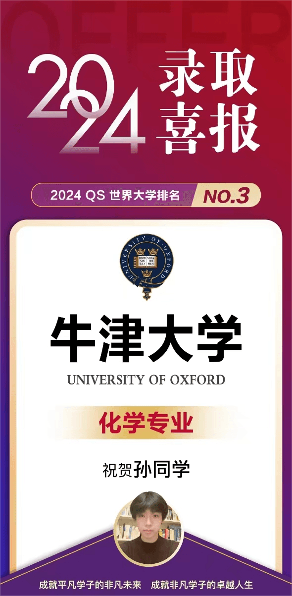 北京康福/凯博斩获牛津大学化学专业预录取offer。