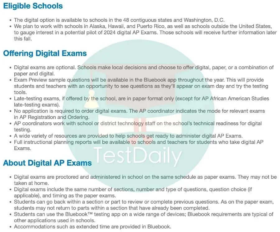 目前允许举办机考的学校仍为位于美国48州与华盛顿特区的AP学校;