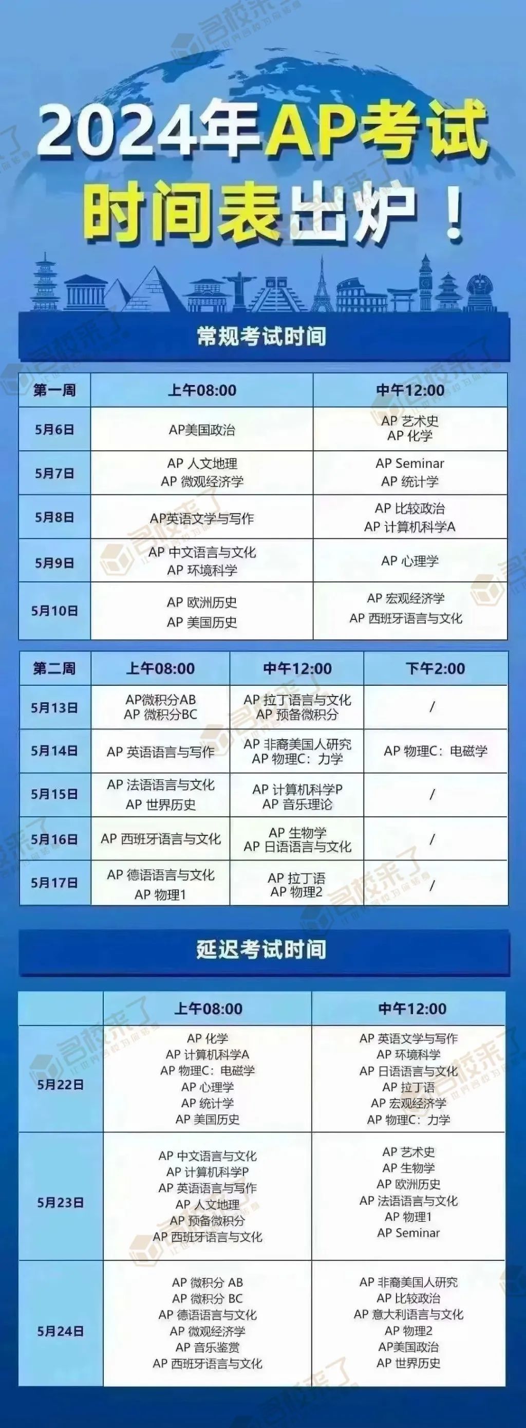 2024全球AP考试时间表