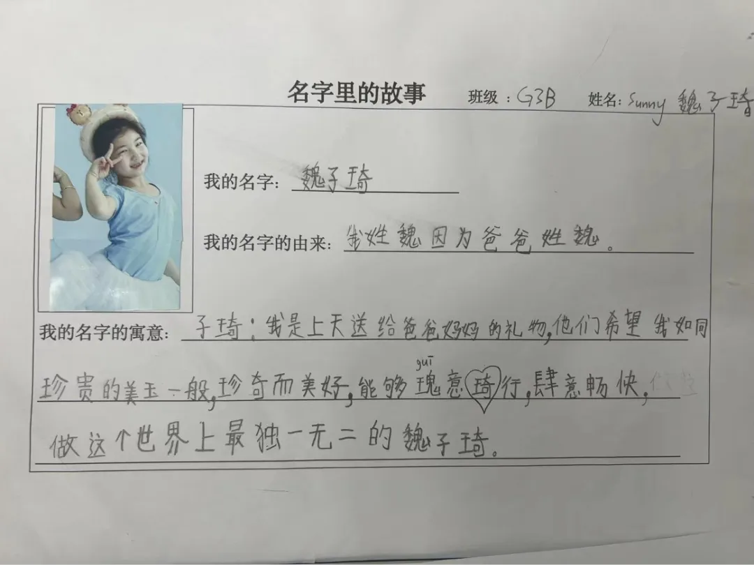 在美术课上,孩子们根据自己名字的含义,设计了独特的名字艺术作品。(图 3)