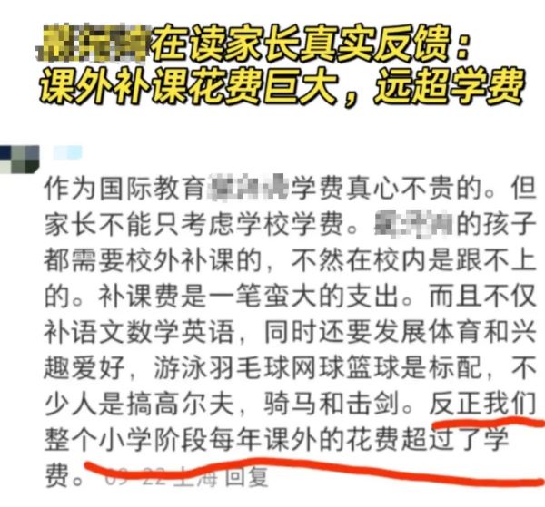 上海某国际学校在读学生的家长就分享了自家的经历 光是课外补习费就