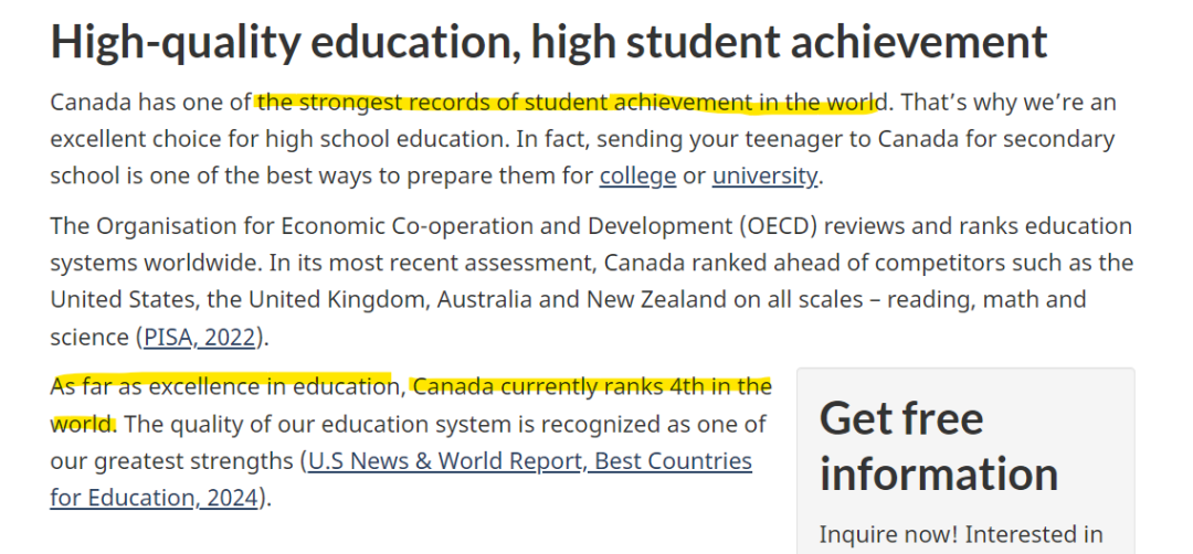 加拿大的中小学教育体系同样出色，长期在OECD国际学生评估项目（